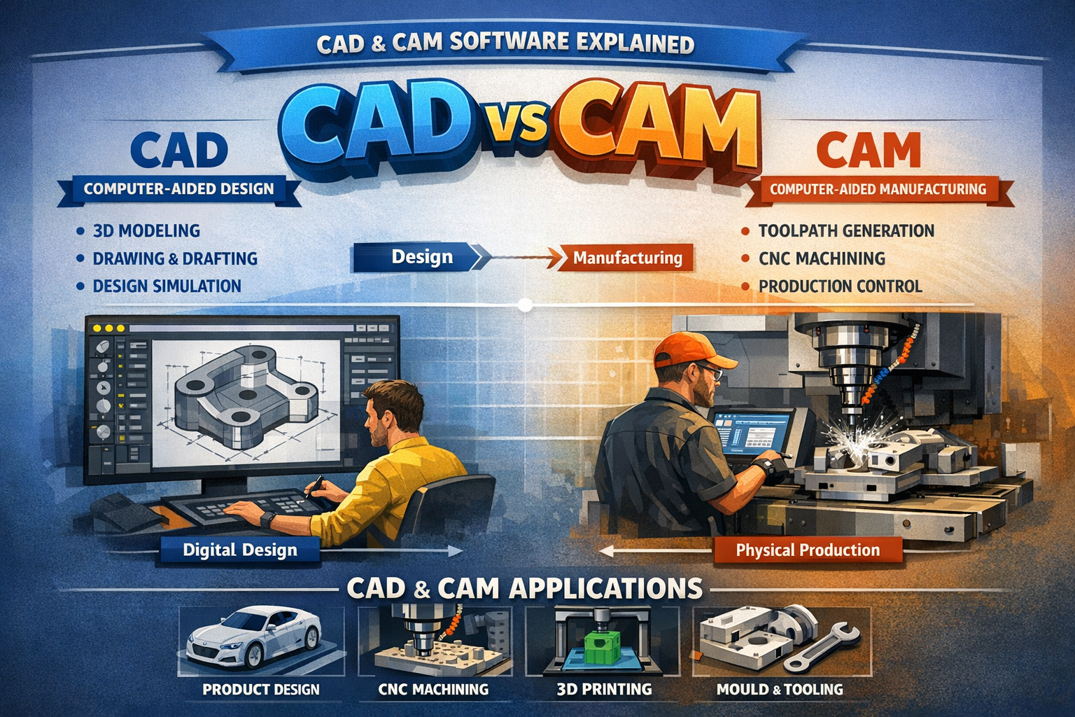cad cam software explained, cad vs cam, cad cam applications