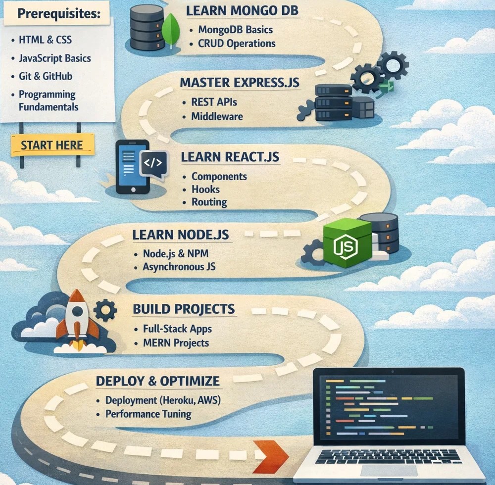 mern stack roadmap, how to become mern stack developer, mern stack learning path