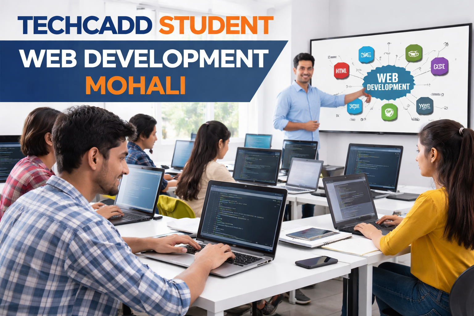 Techcadd student learning web development in Mohali with laptop coding HTML CSS JavaScript in modern computer training classroom