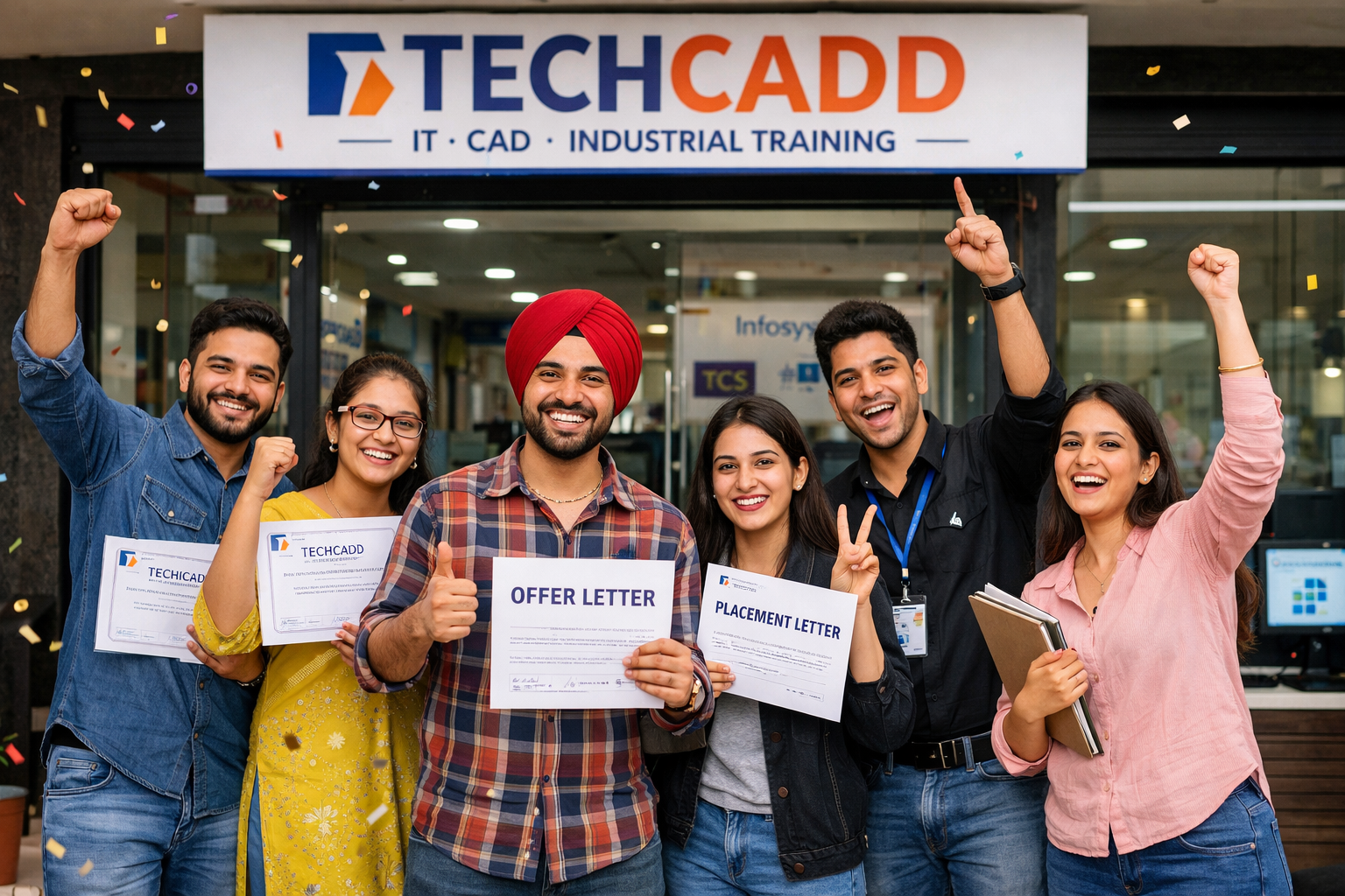 Techcadd student success stories Mohali showing students celebrating career achievements after completing professional IT training.