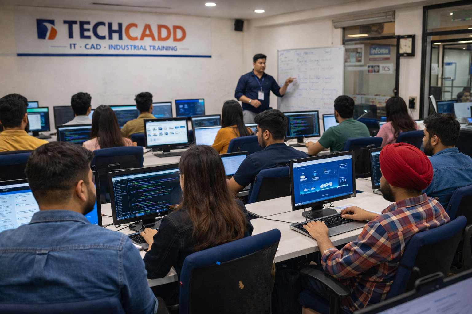 Techcadd student learning center Mohali with students attending technology classes, practicing coding, and learning practical IT skills in a modern training environment.