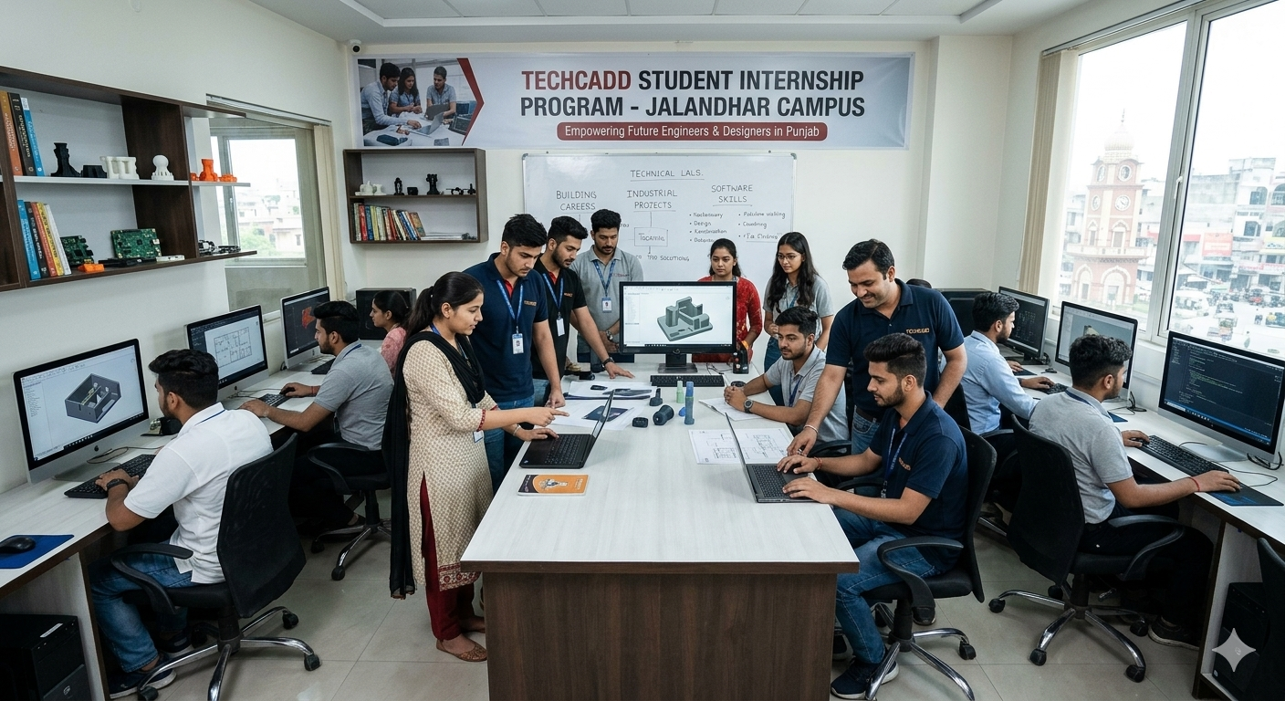Techcadd students doing internship training in Jalandhar while working on computers and learning practical IT skills