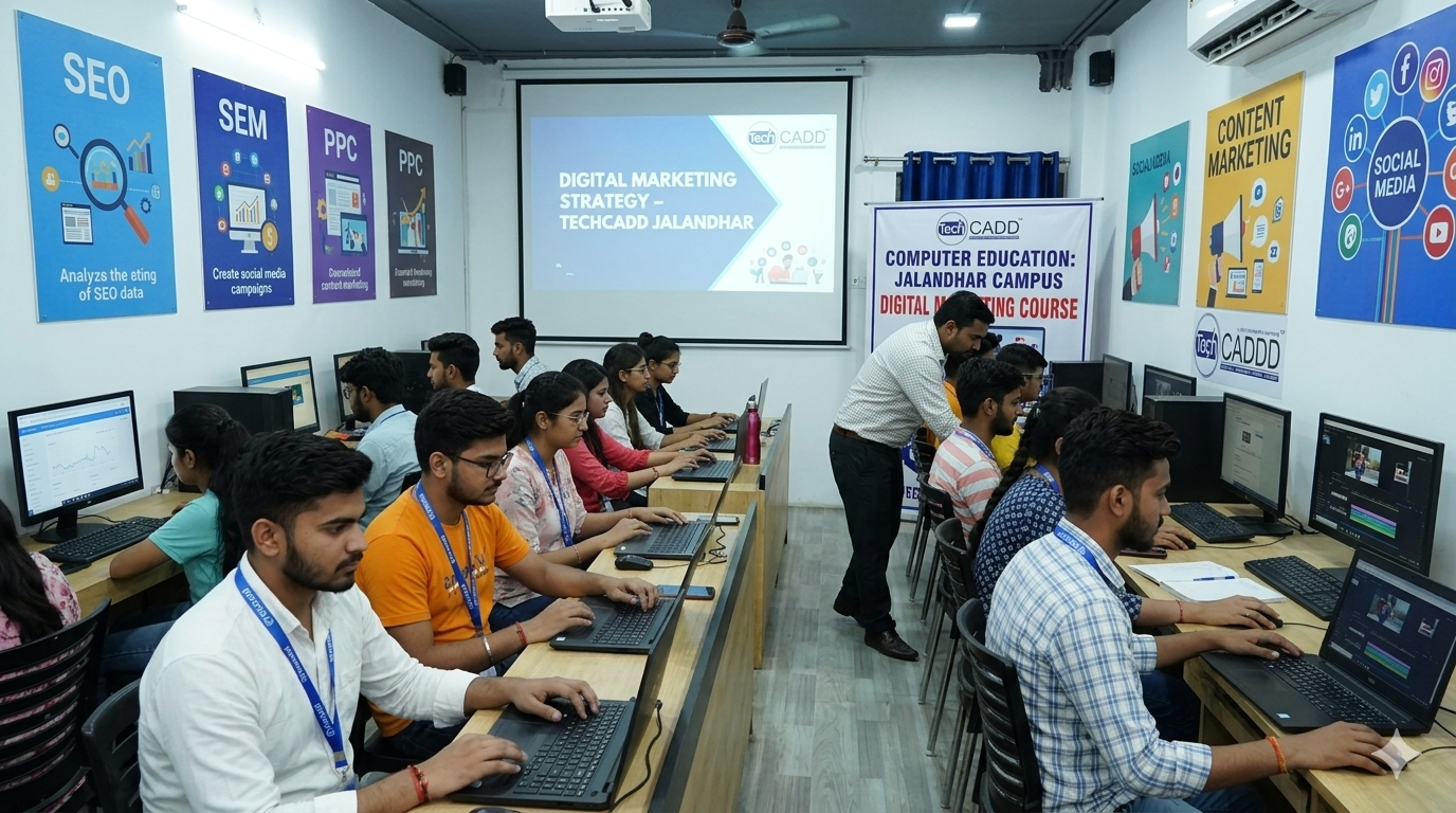 Techcadd students learning artificial intelligence training in Jalandhar while working on AI tools and machine learning models in a computer lab