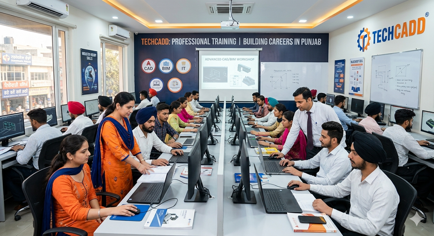 Techcadd students attending professional training sessions in Punjab while learning advanced IT and career skills in a modern computer lab
