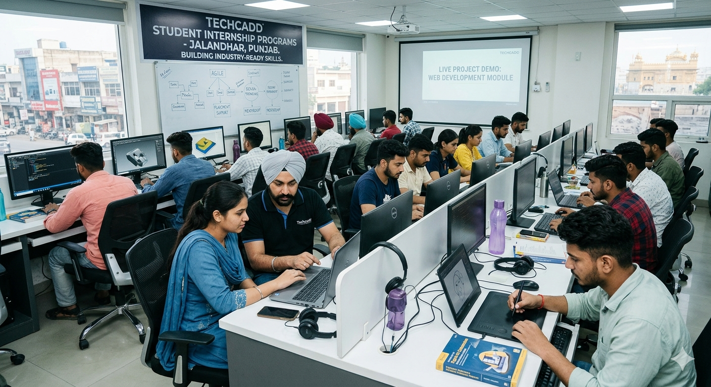 Techcadd students working on project training in Punjab, developing real-time IT projects and gaining hands-on technical experience in a computer lab