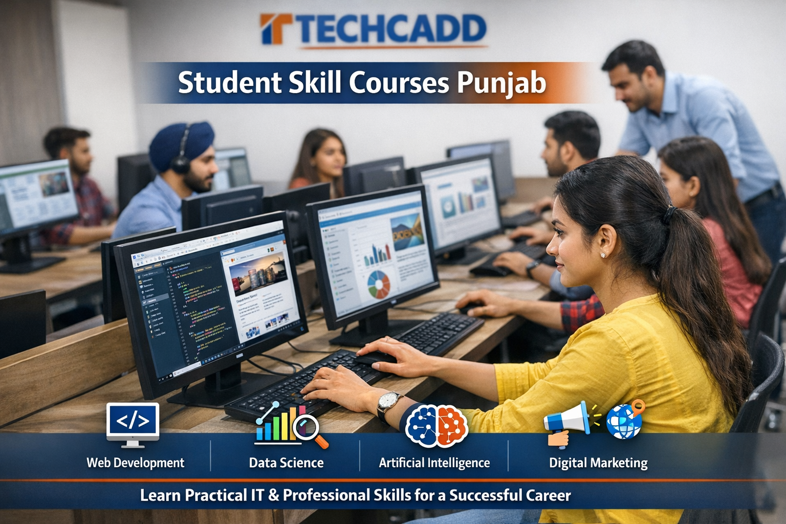 Techcadd students attending skill courses in Punjab, learning practical IT and professional skills through hands-on training in a modern lab