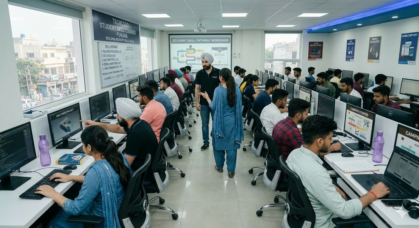 Techcadd students attending career institute training in Punjab while developing IT skills and preparing for professional careers in a modern computer lab