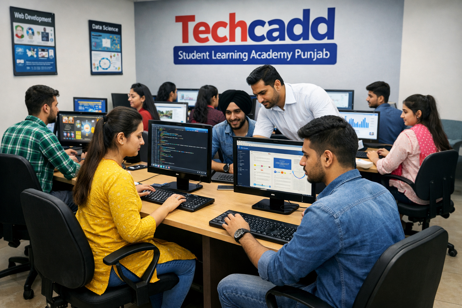 Techcadd students learning in an academy in Punjab while working on computers and developing practical IT and professional skills