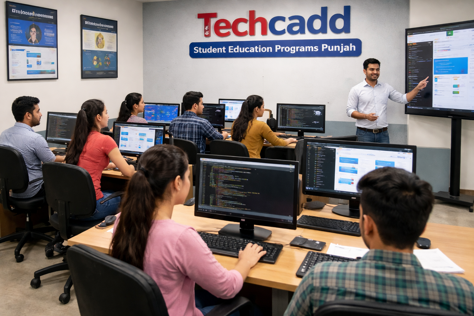 Techcadd students participating in education programs in Punjab while learning IT skills and working on practical projects in a modern classroom