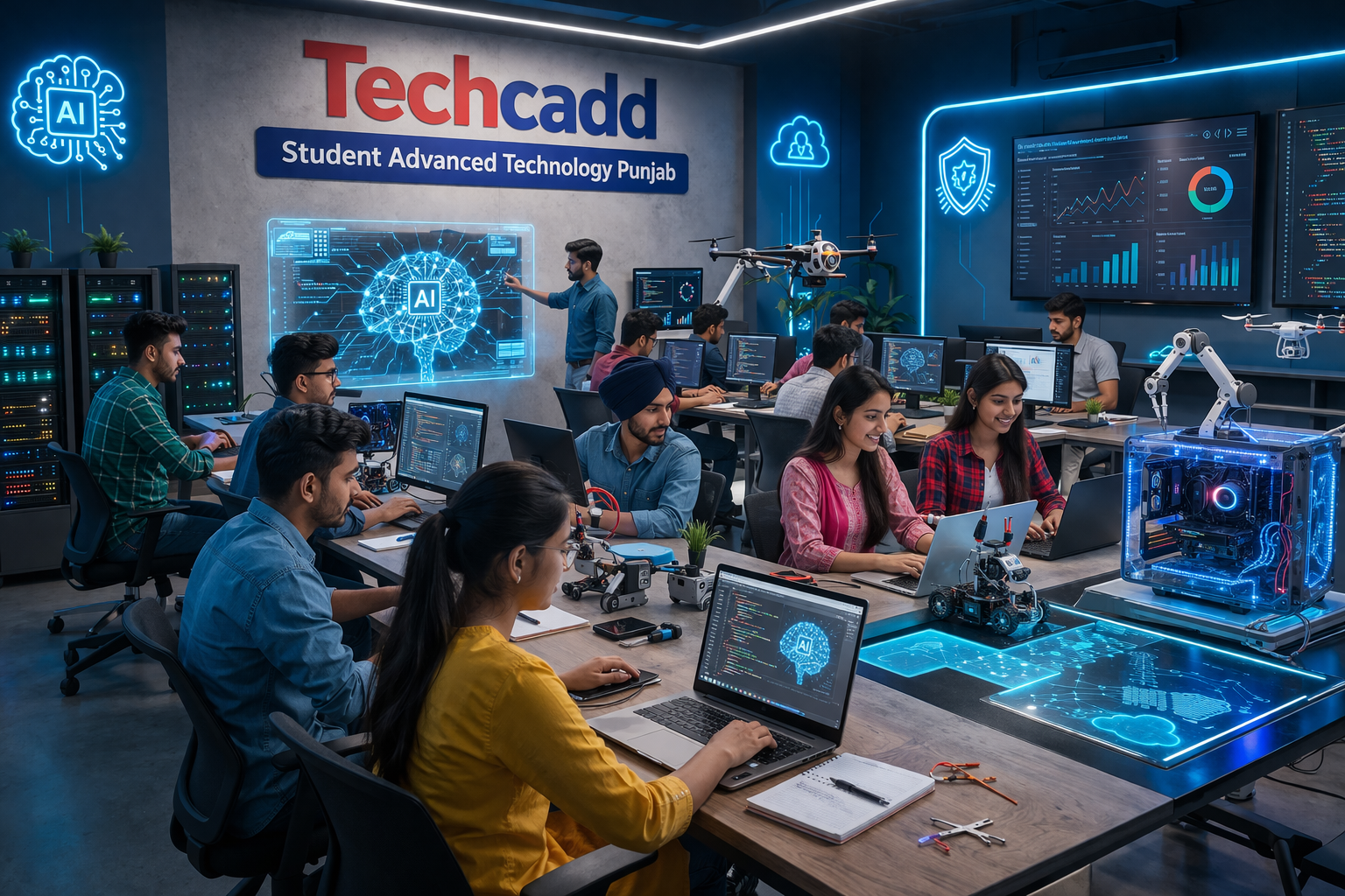 Techcadd students learning advanced technology in Punjab while working on coding, AI tools, and real-world IT projects in a modern computer lab
