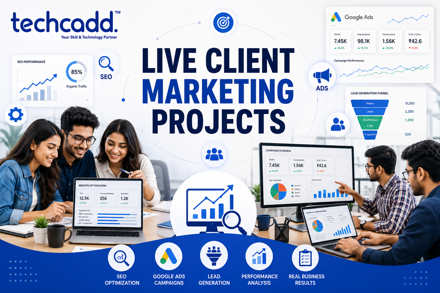 Students working on live client marketing projects, including SEO optimization, Google Ads campaigns, lead generation strategies, and digital marketing performance analysis at Techcadd.