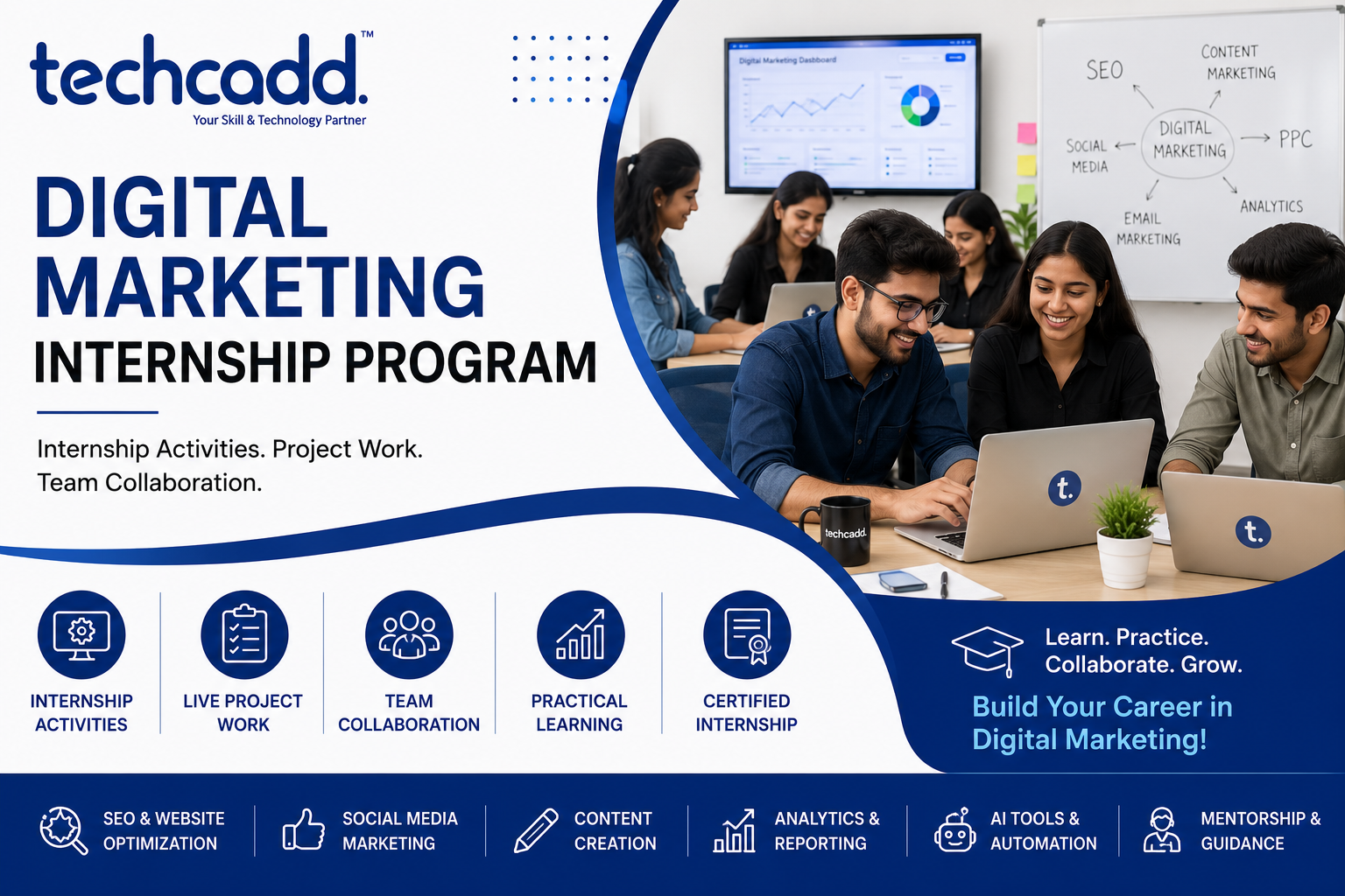 Digital Marketing Internship Program at Techcadd – Students participating in internship activities, working on live digital marketing projects, collaborating with team members, analyzing marketing campaigns, and learning SEO, social media marketing, WordP